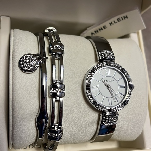 Anne Klein three-piece silver watch and bracelet set with crystals and gift box - Picture 2 of 11